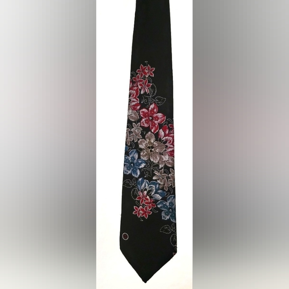 Halston III Vintage Designer Polyester/Silk Mix Floral Black Tie